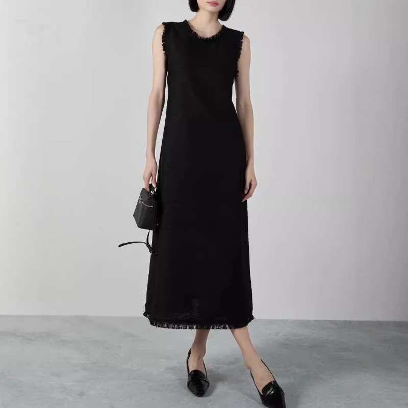 

2024 Women Early Autumn Temperament High-end Blended Wool Raw Edge Sleeveless Dress