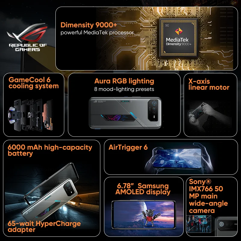 ASUS ROG Phone 6D Phone MediaTek Dimensity 9000+ 165Hz E-Sports Screen 6000mAh Battery 65W fast charging ROG 6D Mobile Phone