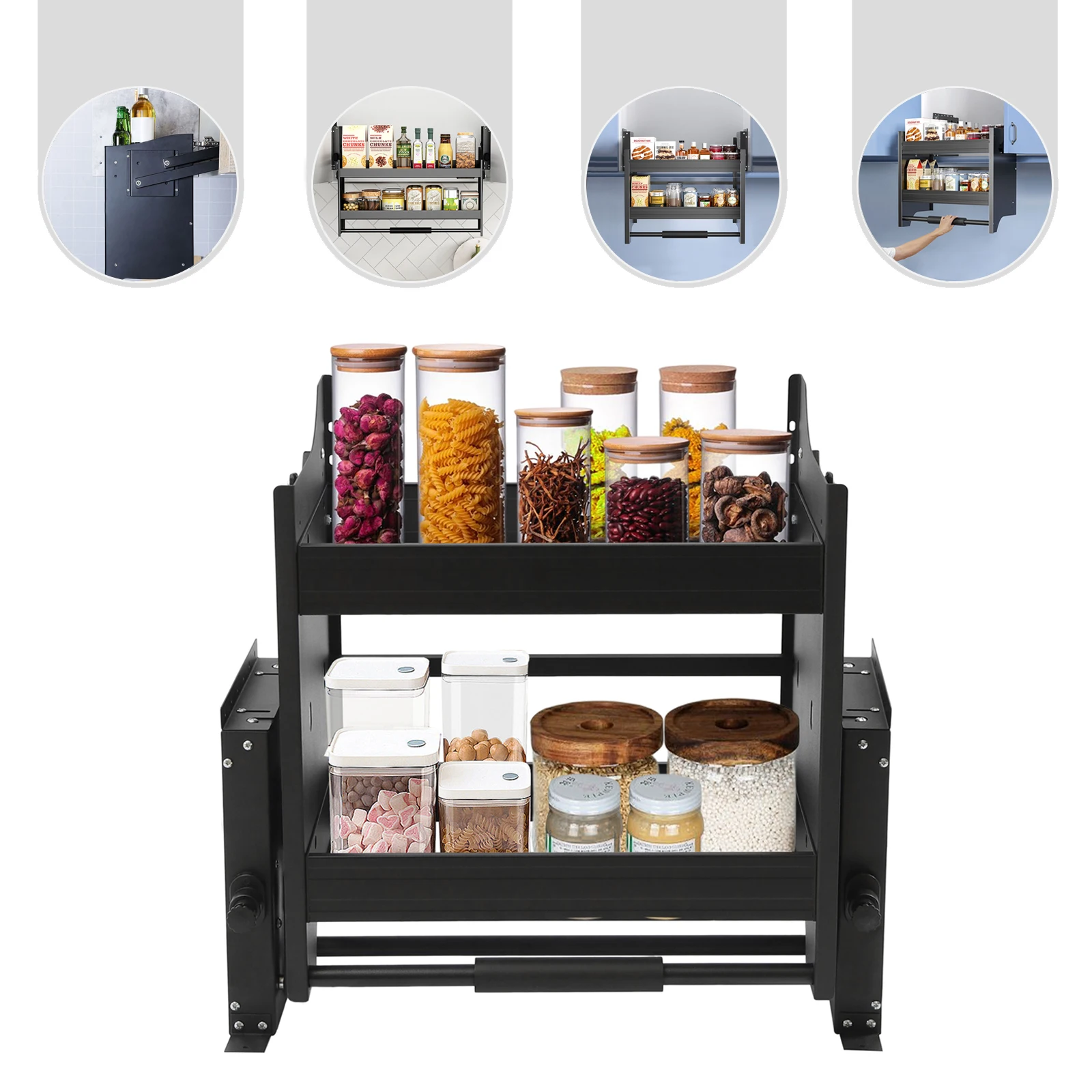 رف قابل للسحب بطبقتين، منظم خزانة لخزائن المطبخ، نظام تخزين مثبت على الحائط لتنظيم المؤن، 24 بوصة