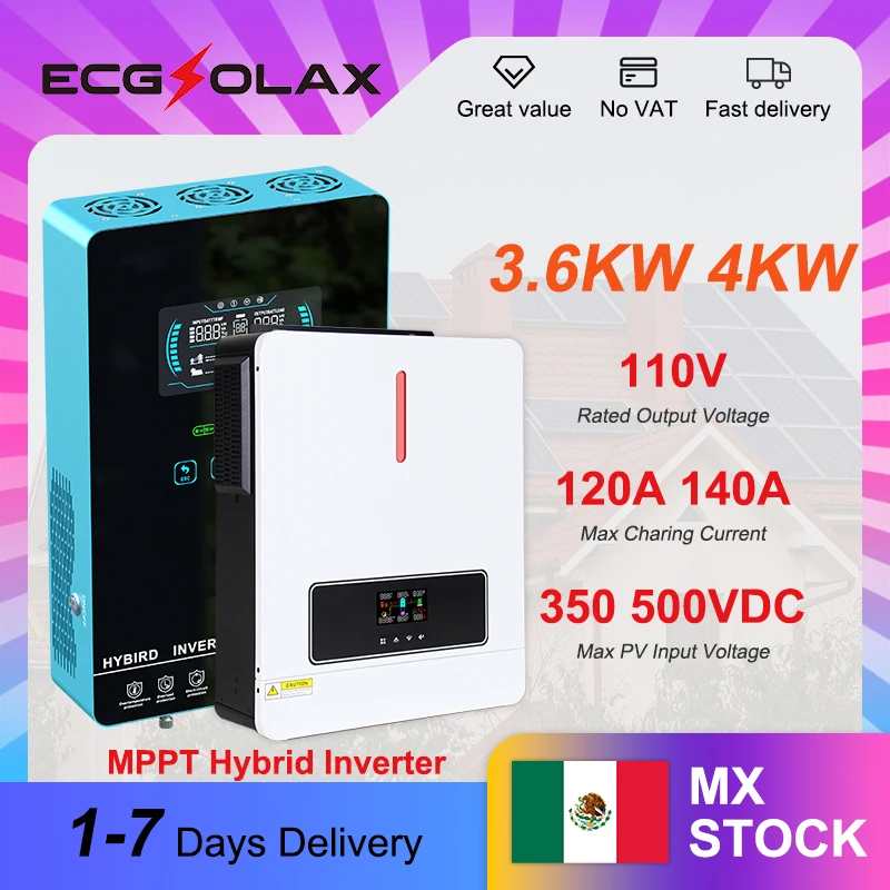 Inversor Solar híbrido ECGSOLAX 4KW 24V 110/120V Inversor de onda sinusoidal pura fuera de la red inversor doméstico de carga Solar MPPT 140A incorporado