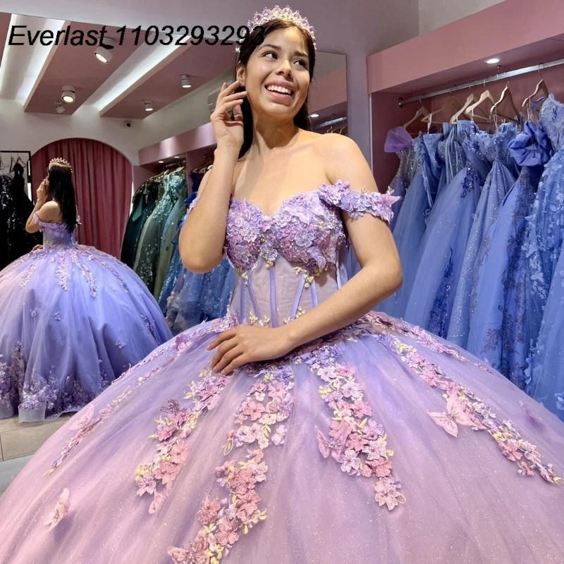 EVLAST Mexican Lavender Quinceanera Dress Ball Gown Beaded Floral Lace Applique Butterfly Bow Sweet 16 Vestido De 15 Anos TQD283