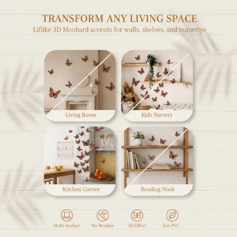 3D Monarch Butterfly Wall Decals 12Pcs Eco-Friendly Removable PVC Stickers for Living Room Baby Shower Party Decor