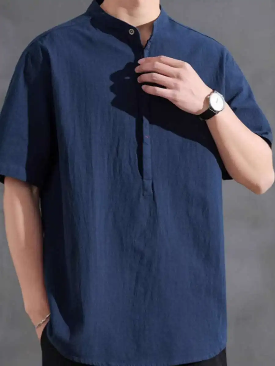 

Легкая хлопково-льняная мужская рубашка с воротником-стойкой, повседневная, свободного кроя, для весны и лета, новая, дышащая, свободная...