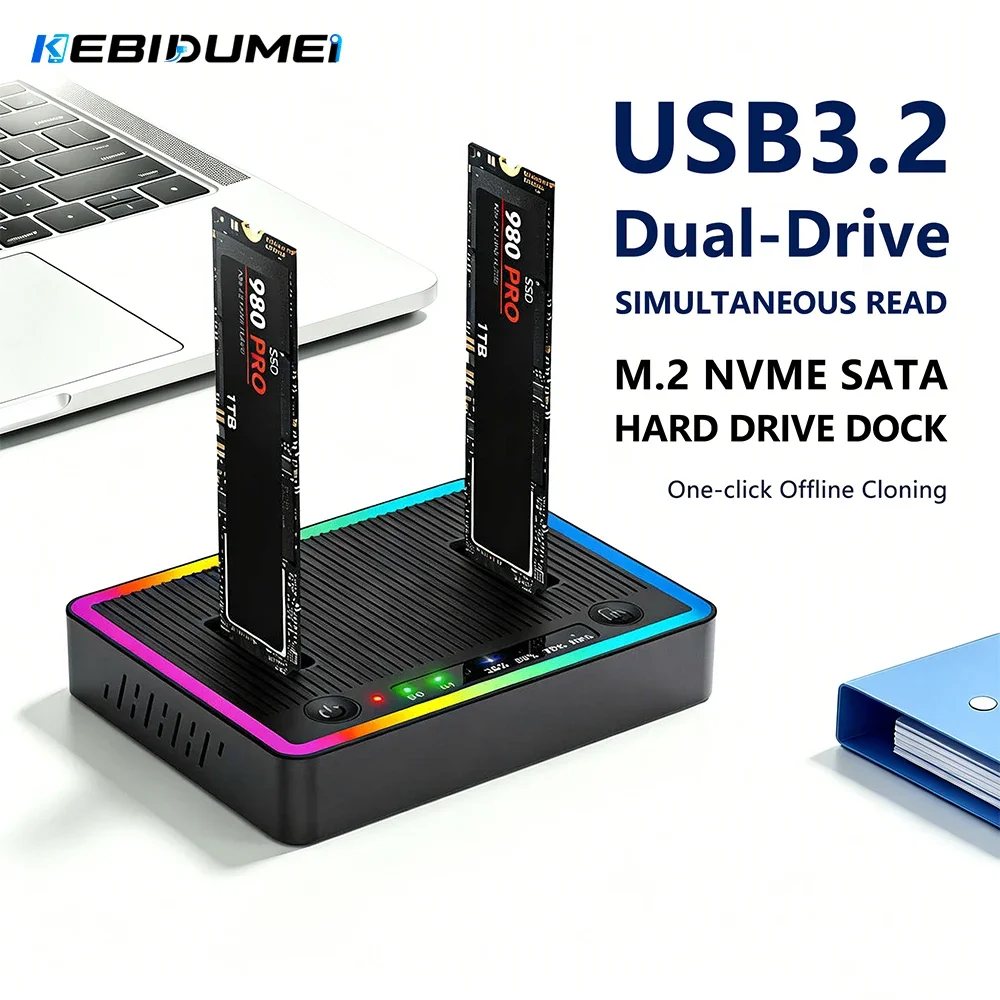 Kebidumei M.2 Dual-Bay Hard Drive Base 10Gbps Dual Protocol SATA/NVME SSD Dock External M.2 SSD Duplicator Offline Clone Reader