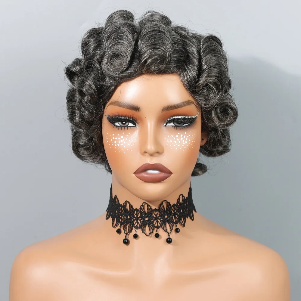 210% Rose Curly Pixie Cut Wig Salt and Pepper Grey Curly Wigs Short Pixie Cut Wigs Human Hair Natural Hairline Gray Wigs