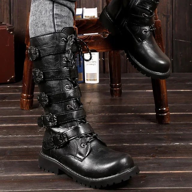Duże męskie skórzane buty motocyklowe do połowy łydki, buty bojowe, gotyckie buty z paskami, buty punkowe, męskie buty taktyczne 2026