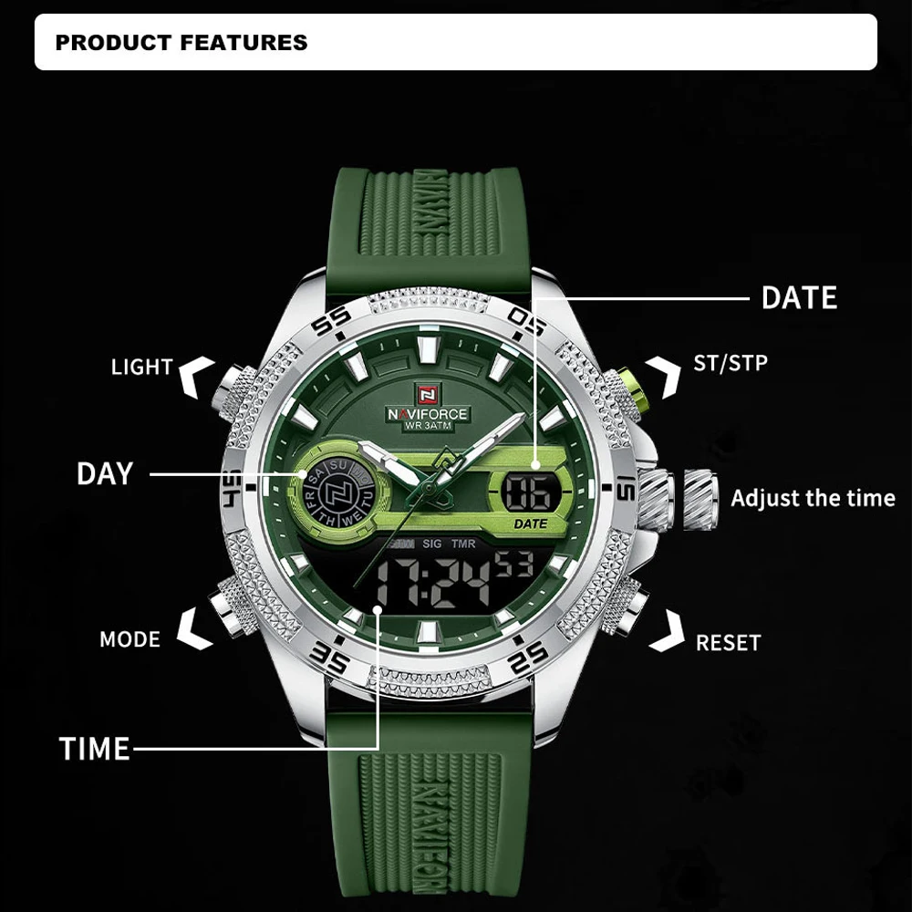 NAVIFORCE Digital Dual Display Men Military Watch Waterproof Wristwatch LED Stopwatch Quartz Clock Sport Watches Silicone Strap