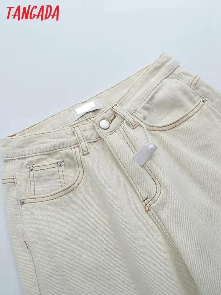 Tangada Spring Women Beige Jeans Pants Trousers Pockets Buttons Female Pants 7B31