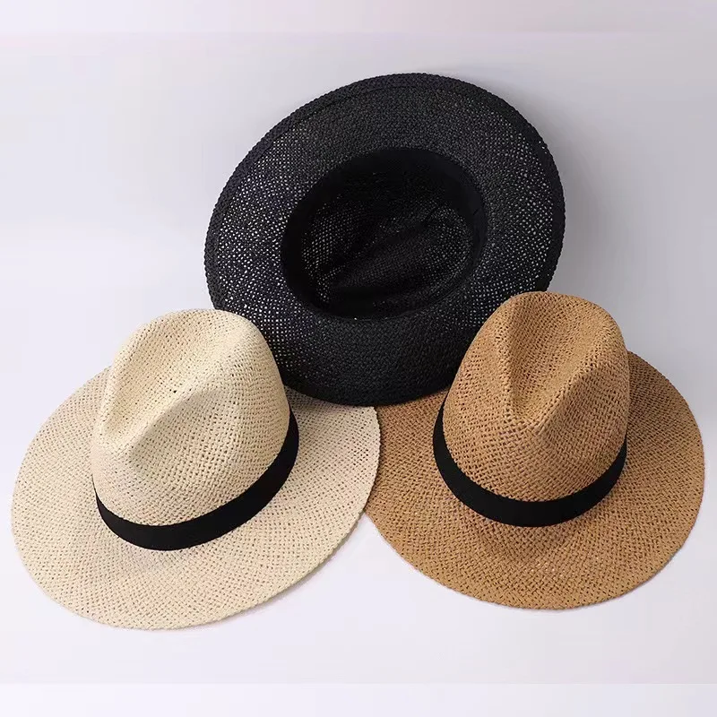 Fedoras Black Band Straw Hat Men Women Wide Brim Summer Hat Male Female Panama Hat Beach Cap Unisex Flat Brim Beach Hat