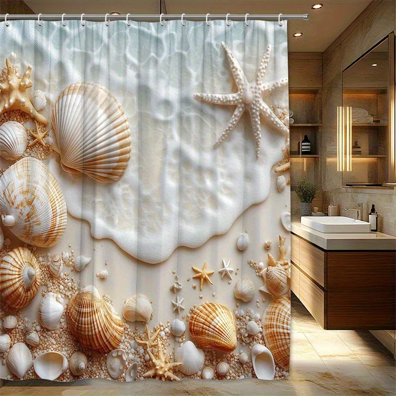 Beach Shell Starfish Shower Curtain Ocean Sea Life Art Bathroom Decor Coastal Marine Bath Curtains for Modern Home Interior