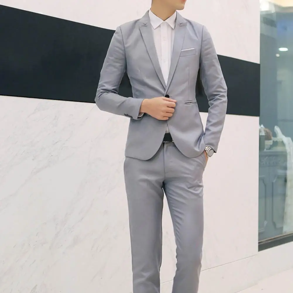 1 Set Attractive Groom Suit Super Soft Men Suit Solid Color Slimming Pure Color Blazer Pants  Fine Stitching