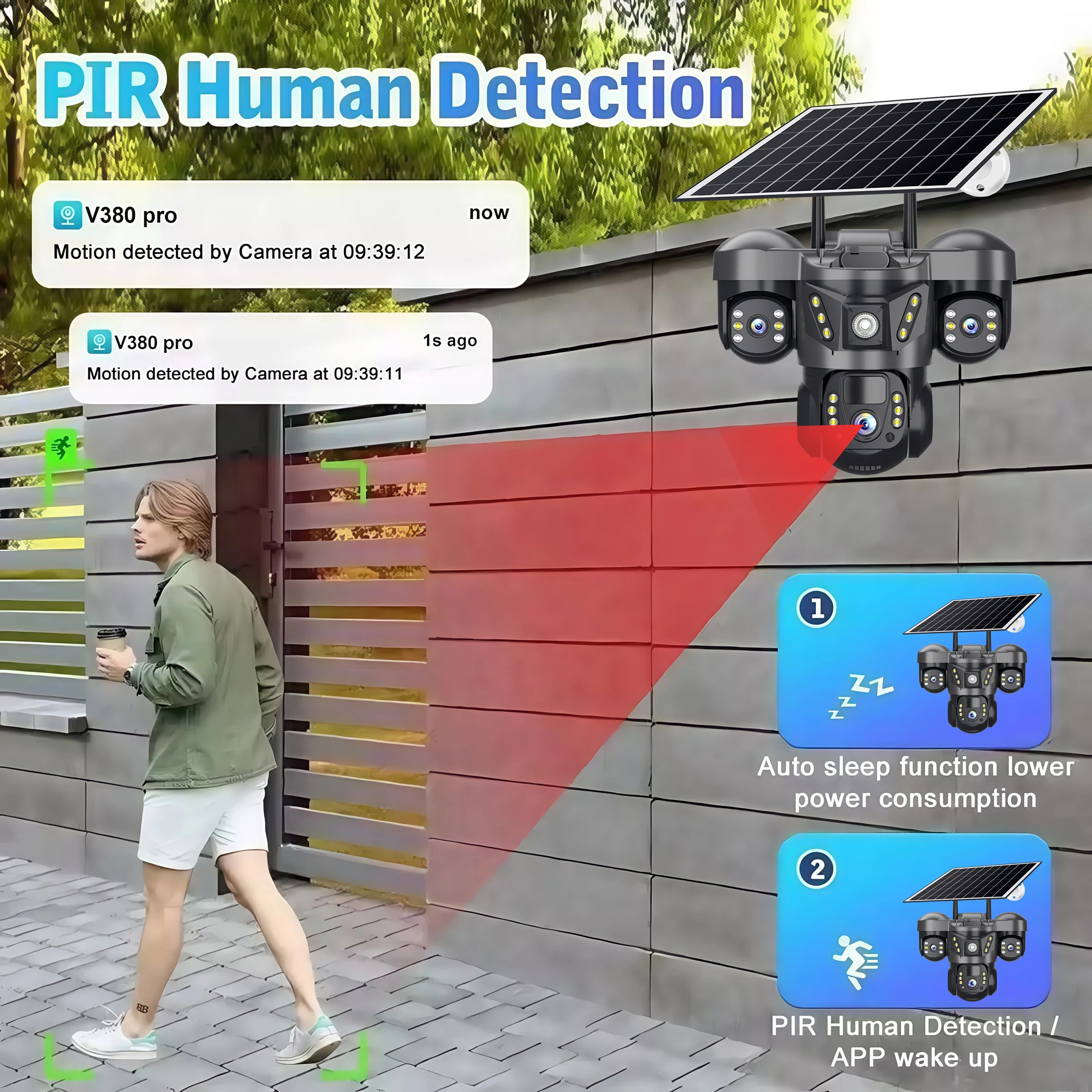 V380 Pro 15MP Solar Camera Three Lens Audio Outdoor IP66 Waterproof Built-in Battery Security CCTV HD 4G SIM Card Network Camera