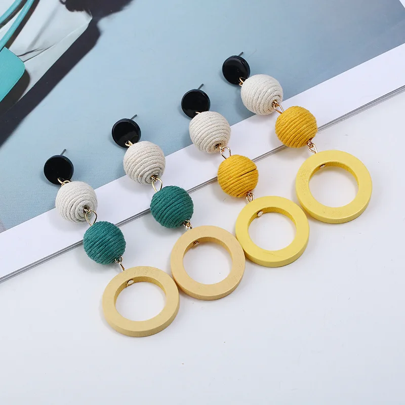 Wax Rope Oval Beads Long Dangle Earrings for Women Wooden Round Circle Drop Earrings Bohemian Fashion Geometry Jewelry Gift