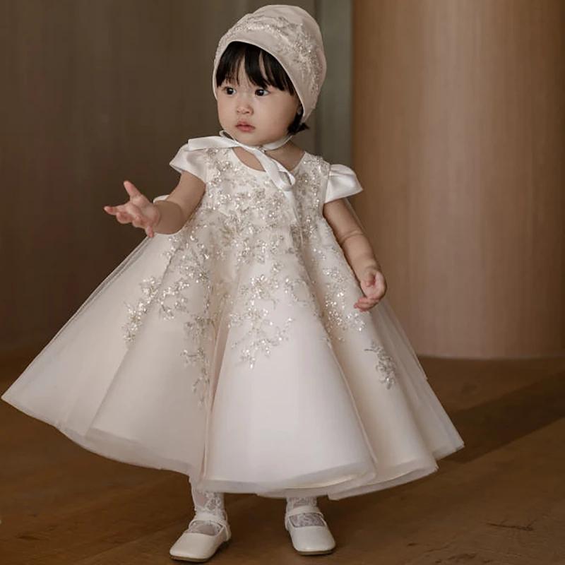 Cute Baby Girl First Birthday White Short Sleeve Dress  Flower Girl Tutu Princess Gown Costume Children Week Catch Party Wedding