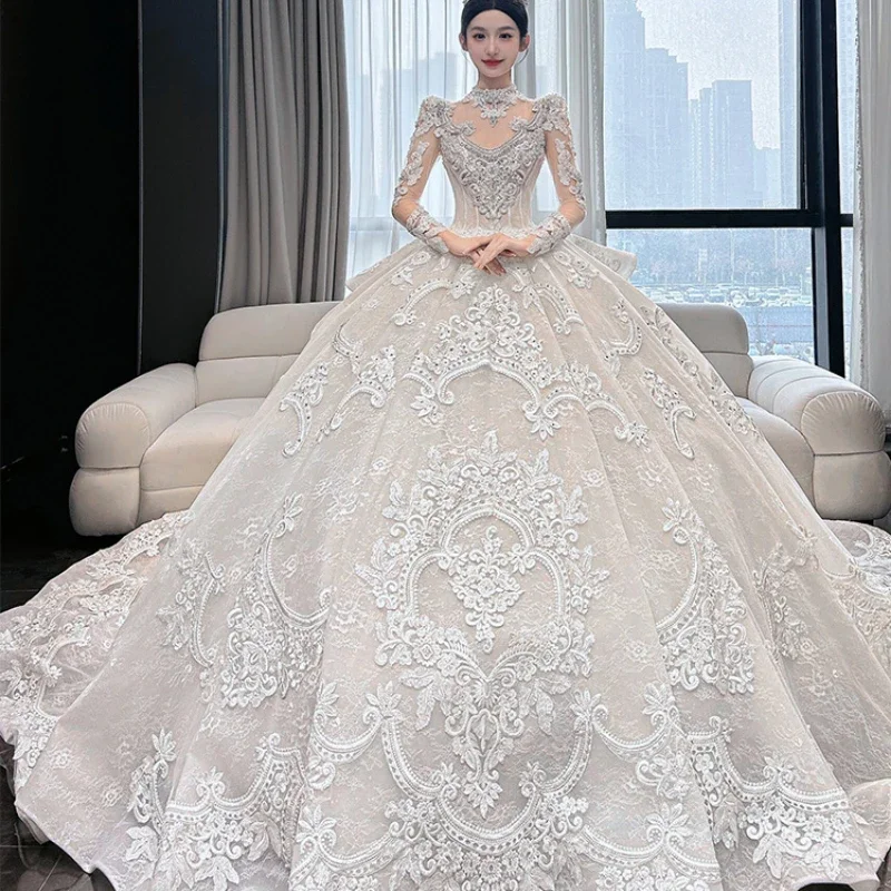 French Court Style Retro Wedding Dress, New Bride with Big Tail, High-end White Summer Main Yarn Wedding Dress Bridal Dress