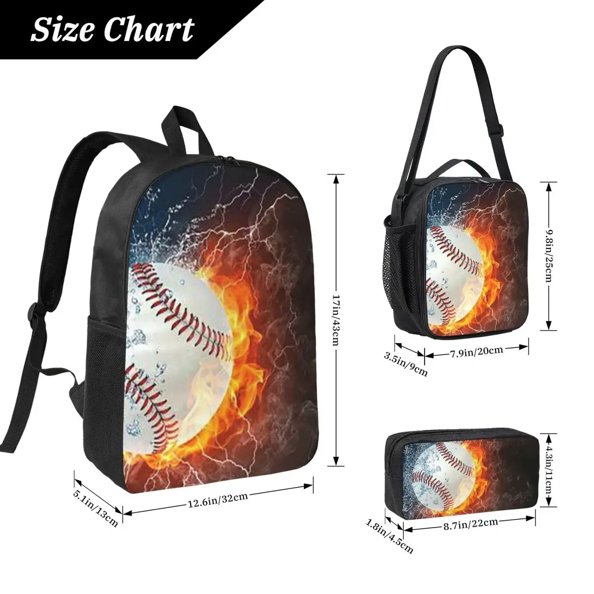 Baseball In The Fire And Water Backpack Student BookBag School Bag Computer Shoulder Bags 3ps Insulated Lunch Bag Pencil Case