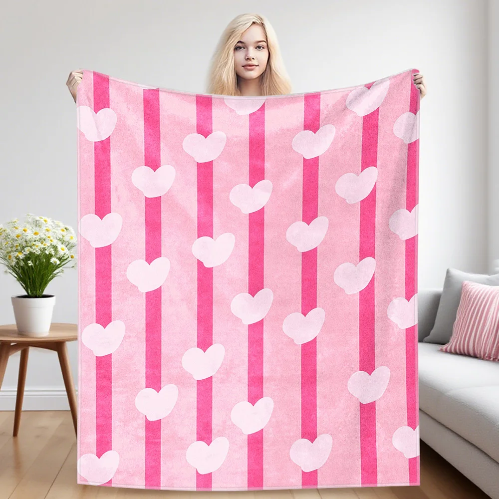 Stripe Pastel Hearts Flannel Luxury Blanket, Lightweight And Comfortable Woolen Blanket, Ultra-Fine Fiber