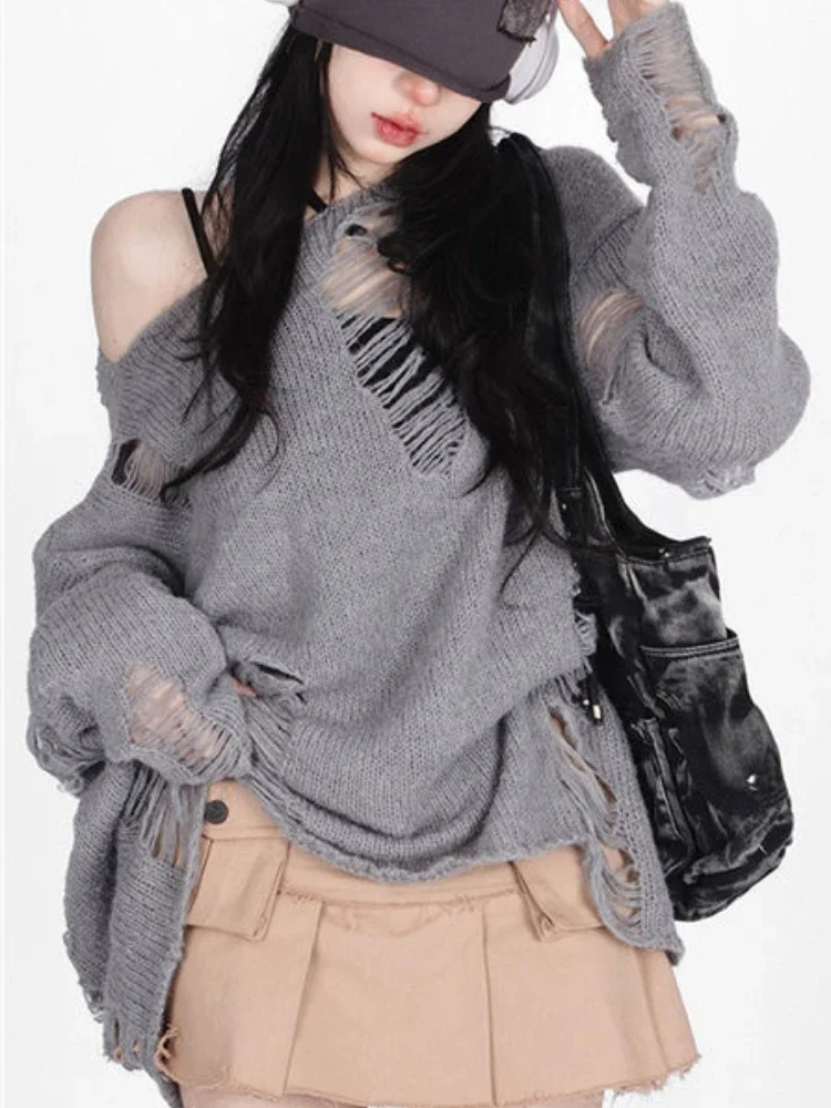 Women's Oversized Knitted Sweater, Gothic Streetwear, Harajuku Vintage Jumper, Hollow Out, Long Sleeve Tops, Y2K Clothes