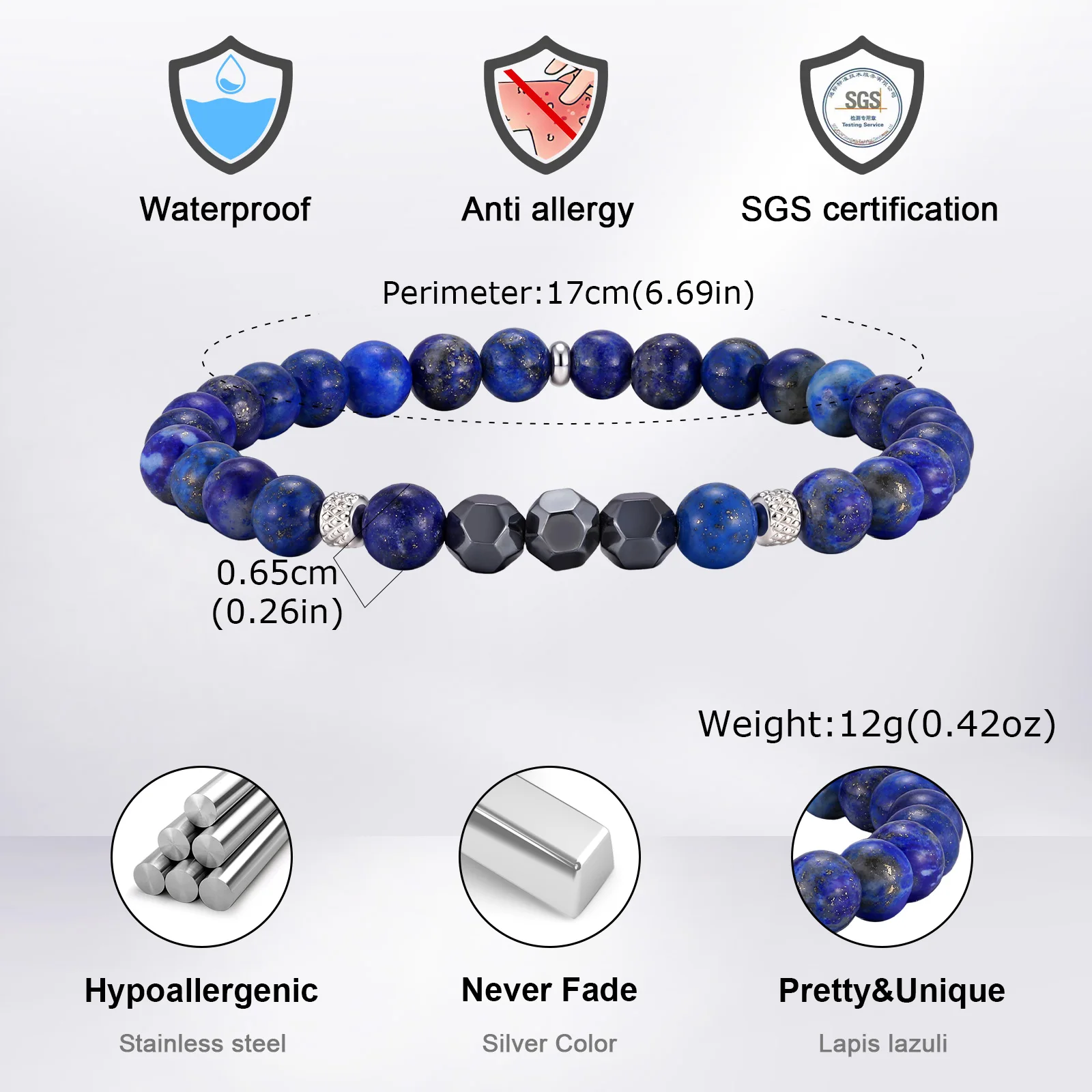 Stilvolle Blaue Naturstein-Perlenarmbänder für Männer, Lapislazuli Hämatit Armband, Heilende Energie Yoga-Schmuck – Detail 1