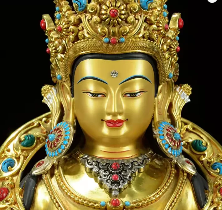 Brass Gilded Amitayus Buddha Statue Longevity Buddha Tibetan Buddhist Inlay Ksitigarbha Sculpture Altar Home Decor