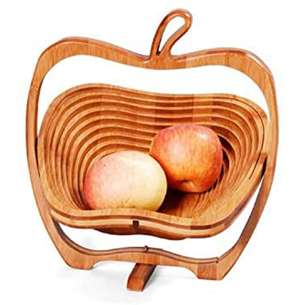 Foldable Apple Shaped Basket, Folding Fruit Bowl Holder Basket and Cutting Board Bamboo Wood Fruit Bowl