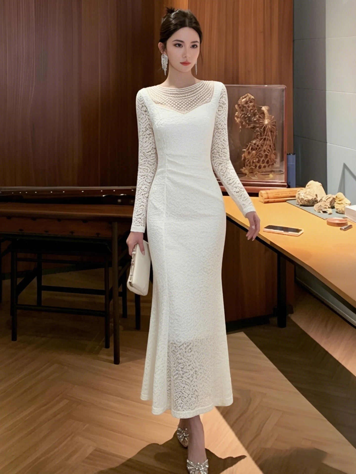 Ele Design Slimming Autumn New Sle French Sle High Waist Dr Fi Tail Skirt Long Sve A-Line Dr for Ladies