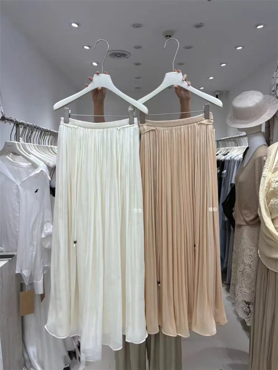 Summer 2026 Pearl Glitter A-Line Midi Skirt Elastic Waist Trendy European Loose Slimming Women's Half-length Skirts