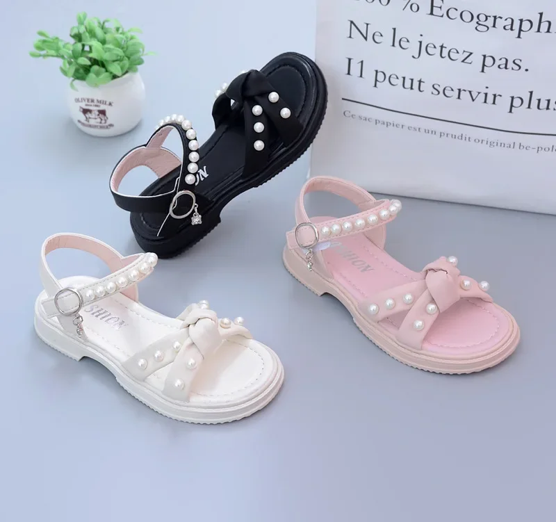 Sandales à perles pour filles, chaussures de plage pour enfants, sandales plates d'été, chaussures de princesse pour enfants 26-36, 2023