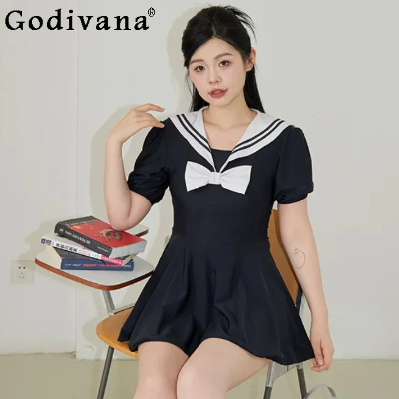

2026 New Conservative Sweet Navy Collar Short Sleeve Black One-piece Swimsuit Cute Japanese Versatile College Pool Swimwear