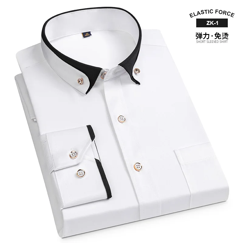 The latest four seasons stretch non-ironing solid color long sleeve shirt men\'s diamond buckle thin casual business shirt.