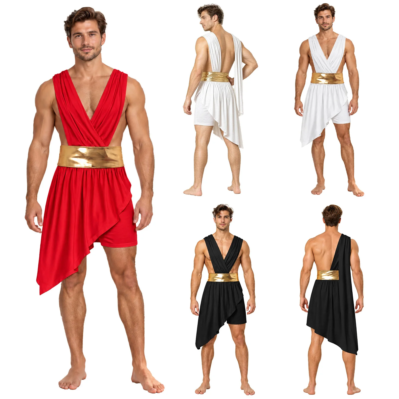Disfraz de Halloween para hombre, con temática de la antigua Grecia, Zeus, Cupido, chal fruncido, vestido toga romana, pantalones cortos incorporados y cinturón.
