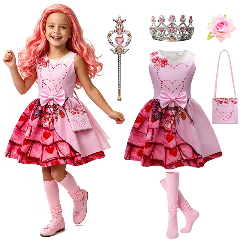 Elegant Kids Descendants Pink Heart Princess Dress for Girls Halloween Cosplay Carnival Party Performance Children's Costume