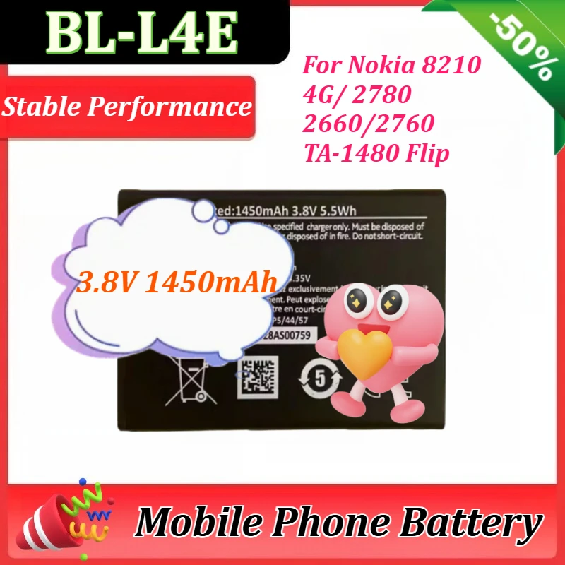 

New BL-L4E Battery 3.8V 1450mAh 5.5Wh for Nokia 8210 4G/ 2780/2660/2760 TA-1480 Flip Mobile Phone Batteries