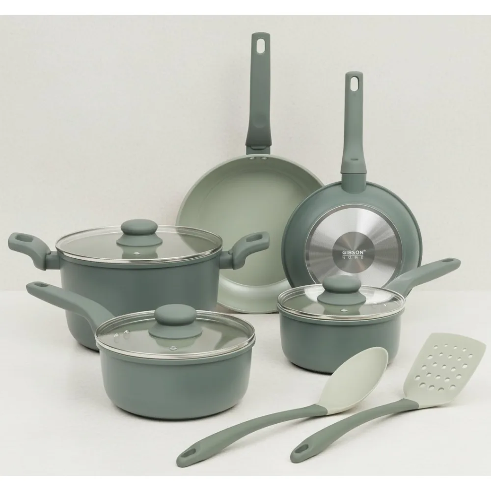 

10-Piece Ceramic Nonstick Cookware Set PFOA Free Aluminum Induction Pots Pans Kitchen Utensils Sage Green