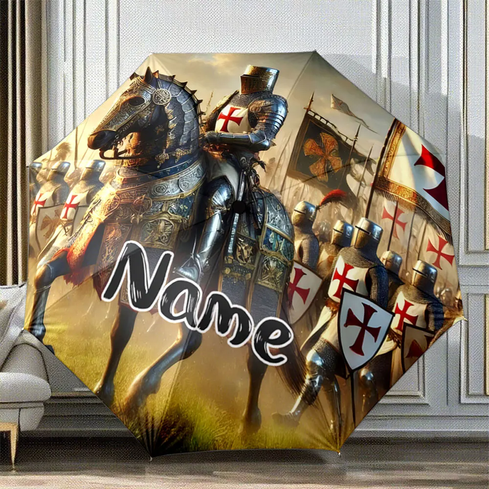 Paraguas personalizado con nombre, diseño de caballero medieval y ejército de cruzados a caballo, paraguas plegable portátil, regalo de Navidad.