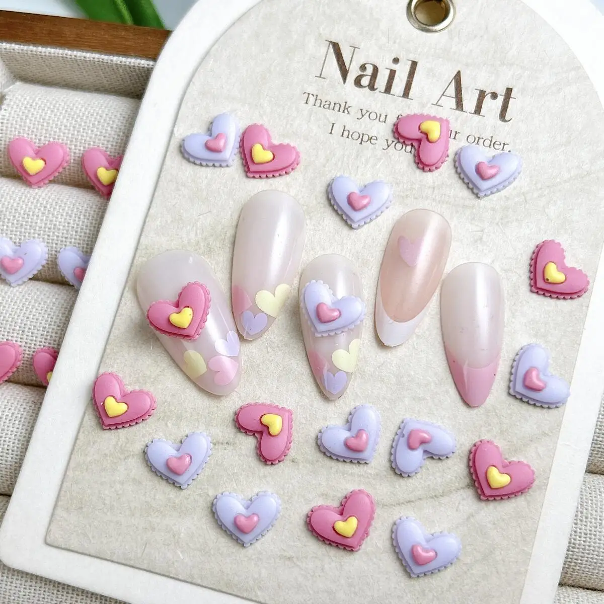 50PCS 3D New Double Layered Heart Resin Nail Charms Luminous Colorful Lace Peach Heart Nail Art Decorations DIY Nails Supplies