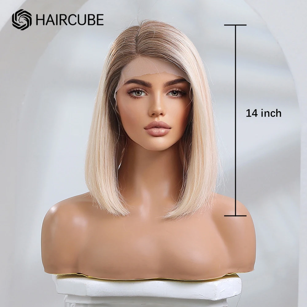 Peluca de cabello humano con encaje frontal para mujer, pelo Remy 100%, color rubio claro degradado, 14 pulgadas, fiesta de Cosplay, parte en T