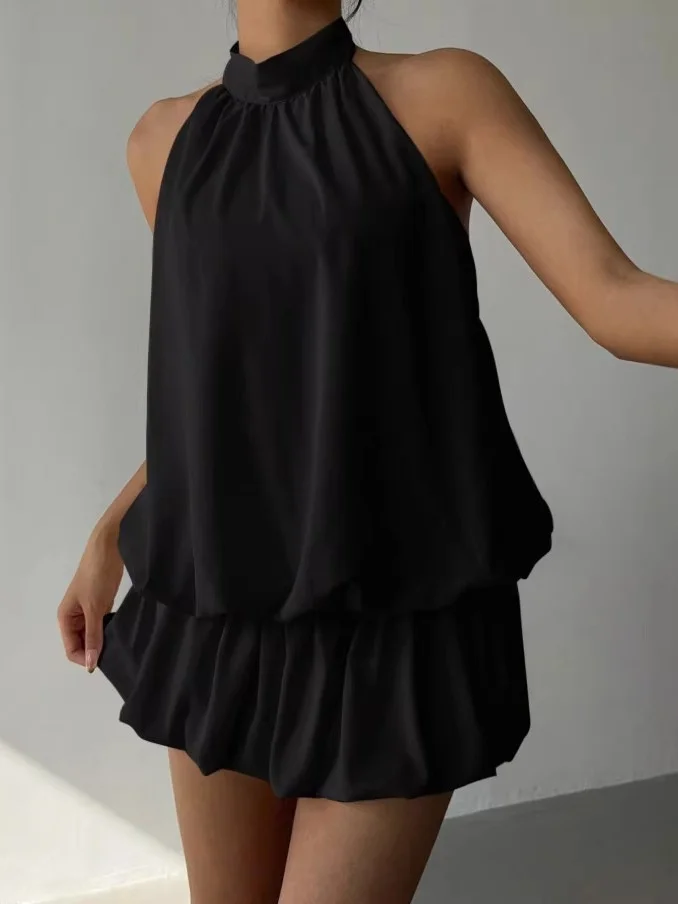 

Summer Pure Color Sleeve Backless Sexy Beach Vacation Style Dress Women's Casual Fashion mid Waist Polyester Maxi Dress