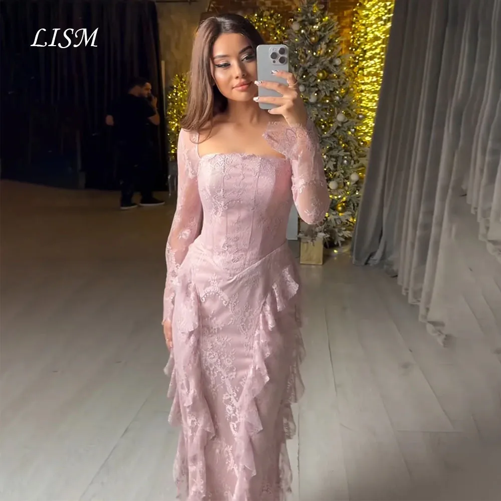 

LISM Elegant Pink Sheath Long Sleeves Evening Dresses Silk Lace Square Collar Simple Women Wedding Party Gowns Customized