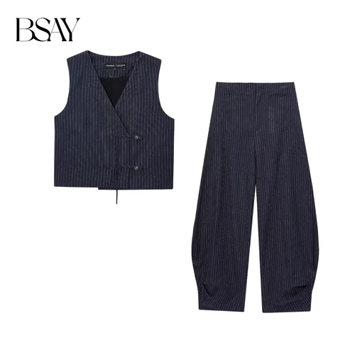 BSAY chaleco pantalones de pierna ancha 2025 otoño nuevo conjunto de dos piezas chaleco con botones a rayas simple o versión de globo pantalones casuales a rayas