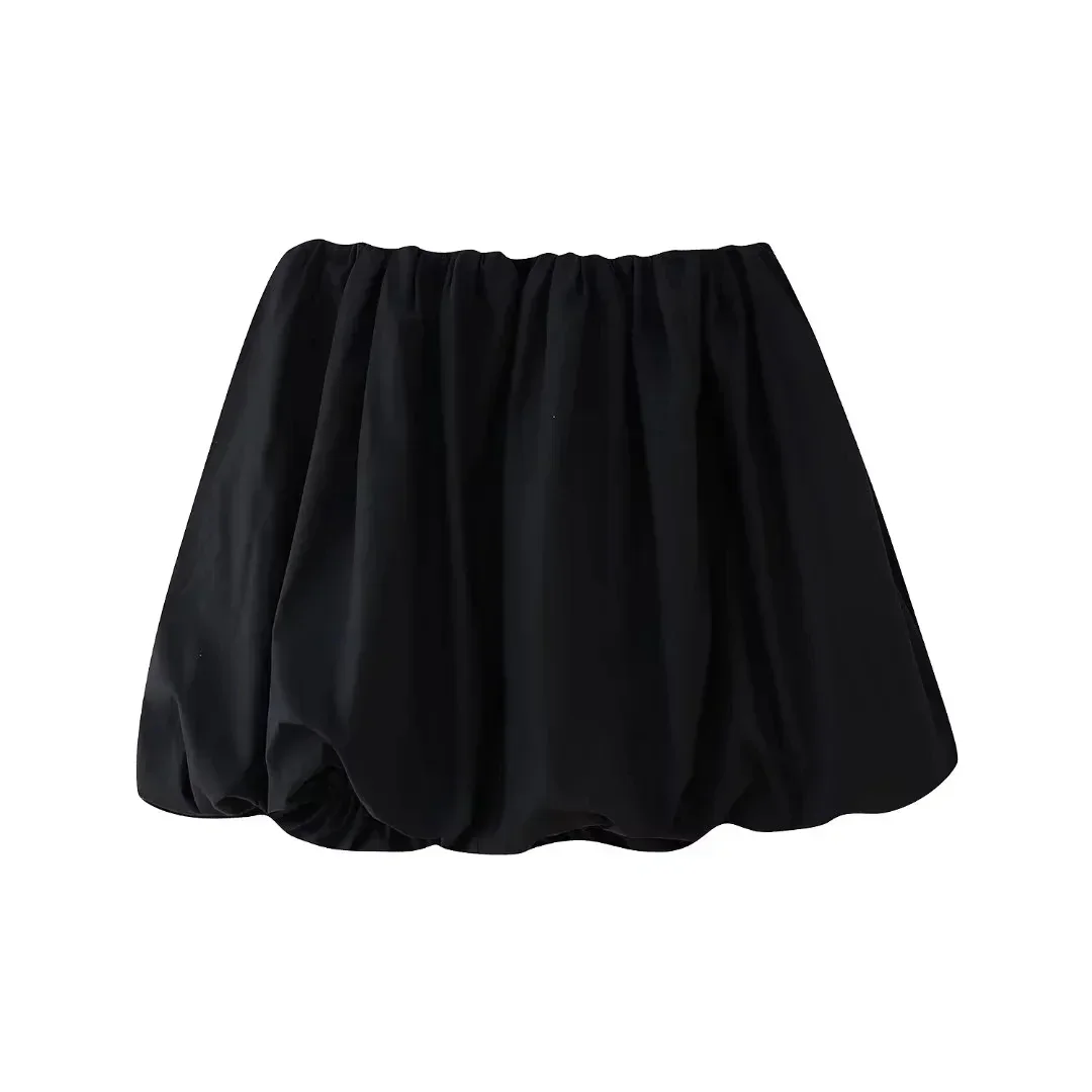 TRAF Puff Short Skirt Black Balloon Skirts For Women Summer Mini High Waist White Skirt Woman Ruched Casual Lantern Girls Skirt