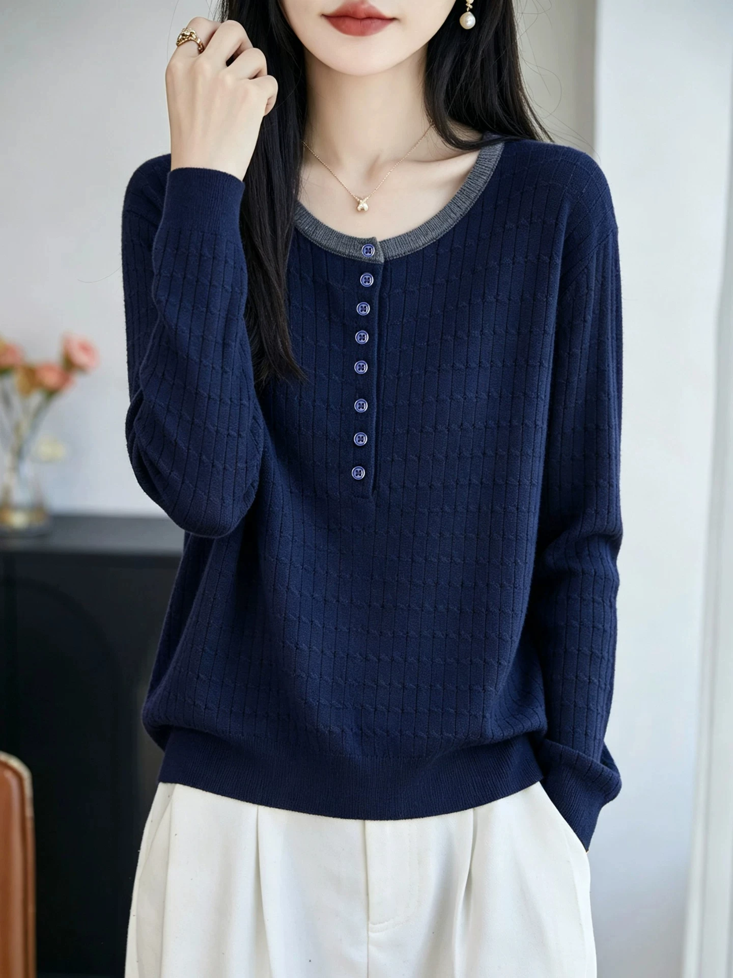 Ladies Long Sleeve round Neck Knitted Sweater Lazy Style Color Block Twist Knitwear Versatile Warm Fashionable Base Shirt Top