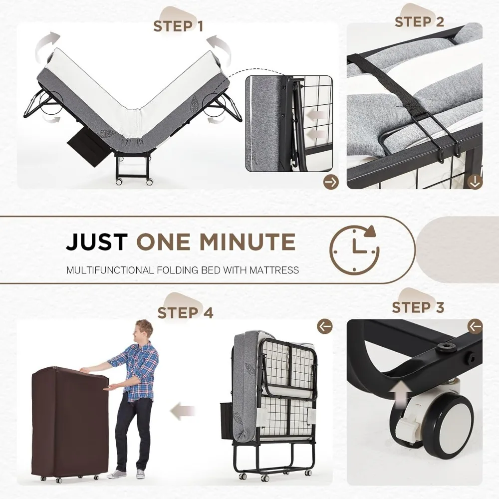 Складная кровать с матрасом 75 x 31 дюйм Складная раскладная кровать 5-дюймовый матрас из пены с эффектом памяти Портативная односпальная кроватка с металлическим каркасом