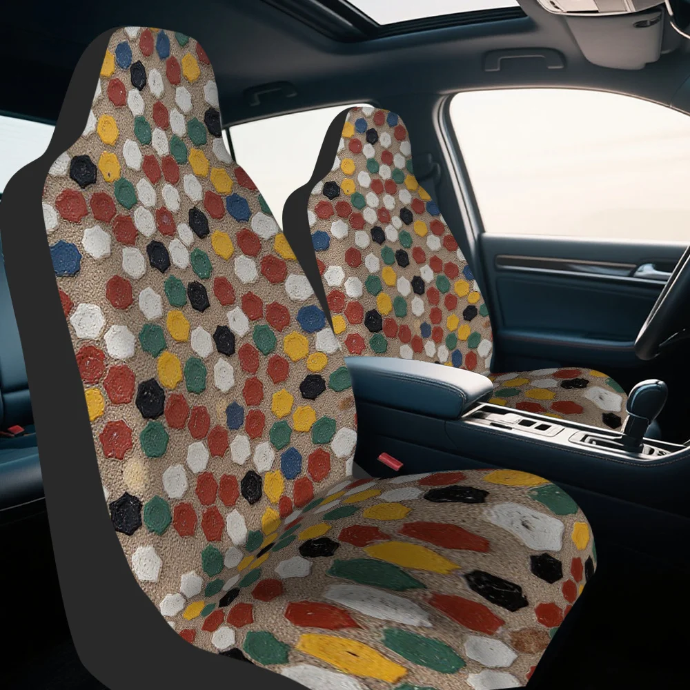 Set Of 2, Vibrant Hexagonal Mosaic Pattern Front Seat Protectors, Enhances Comfort And Style For Both Driver And Passenger Seats