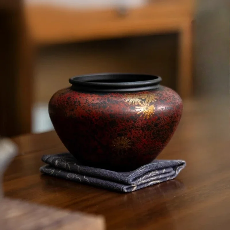 Exquisite Red Gold Rust Painted Lacquer Old Iron Jianshui Mini Tea Cup Wash Tea Residue Barrel Chaxi Teaset Accessories