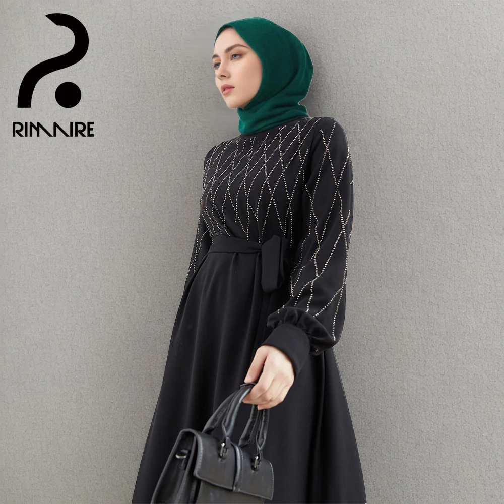 RIMAIRE 2024 New Fashionable Muslim Abaya with Diamonds Decoration Comfortable and Loose Islam Robe Modest Polyester Dresses