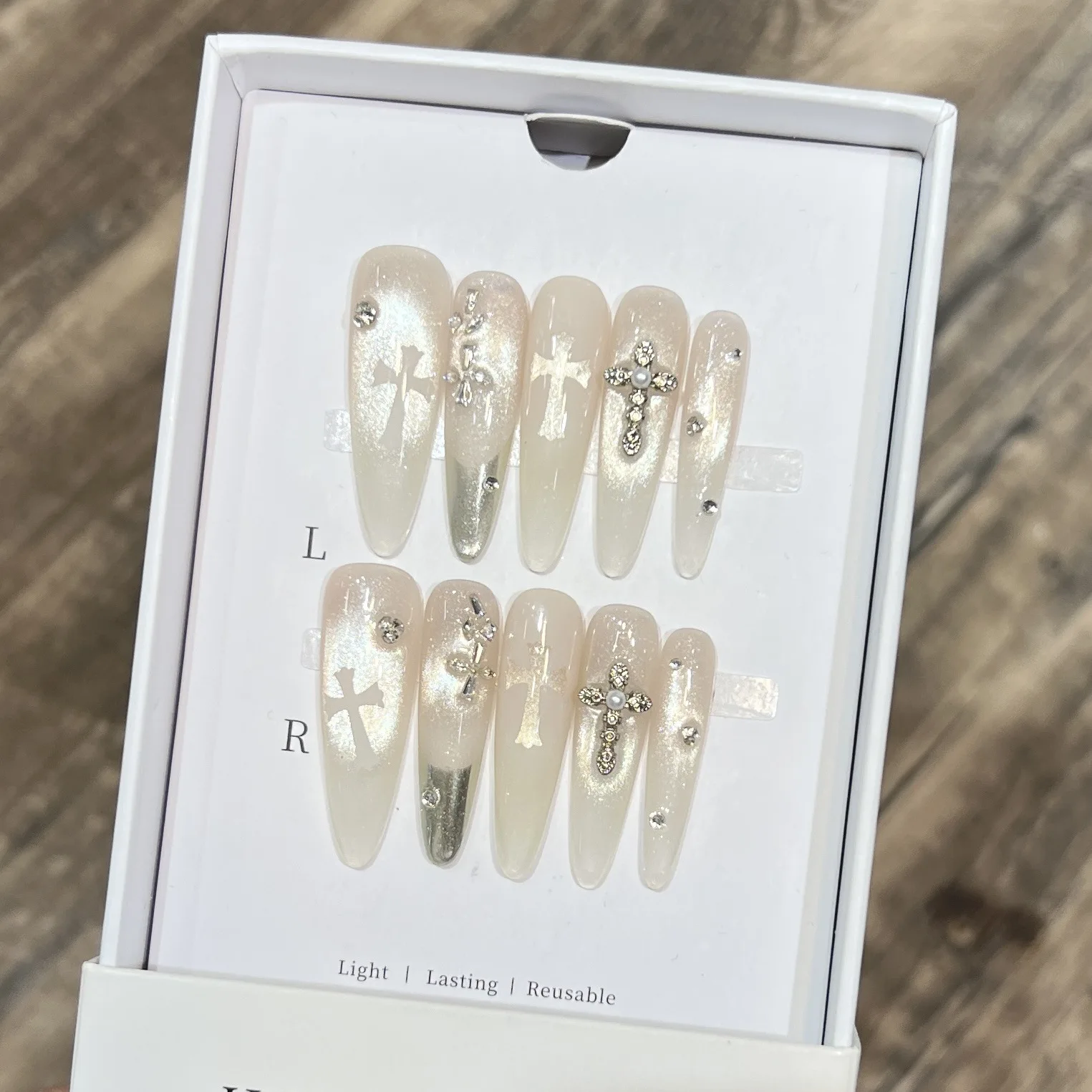 

10pcs Long Almond Fake Nails Tips With Cross Pattern Handmade French Press On Nails Rhinestone Design False Nail Detachable