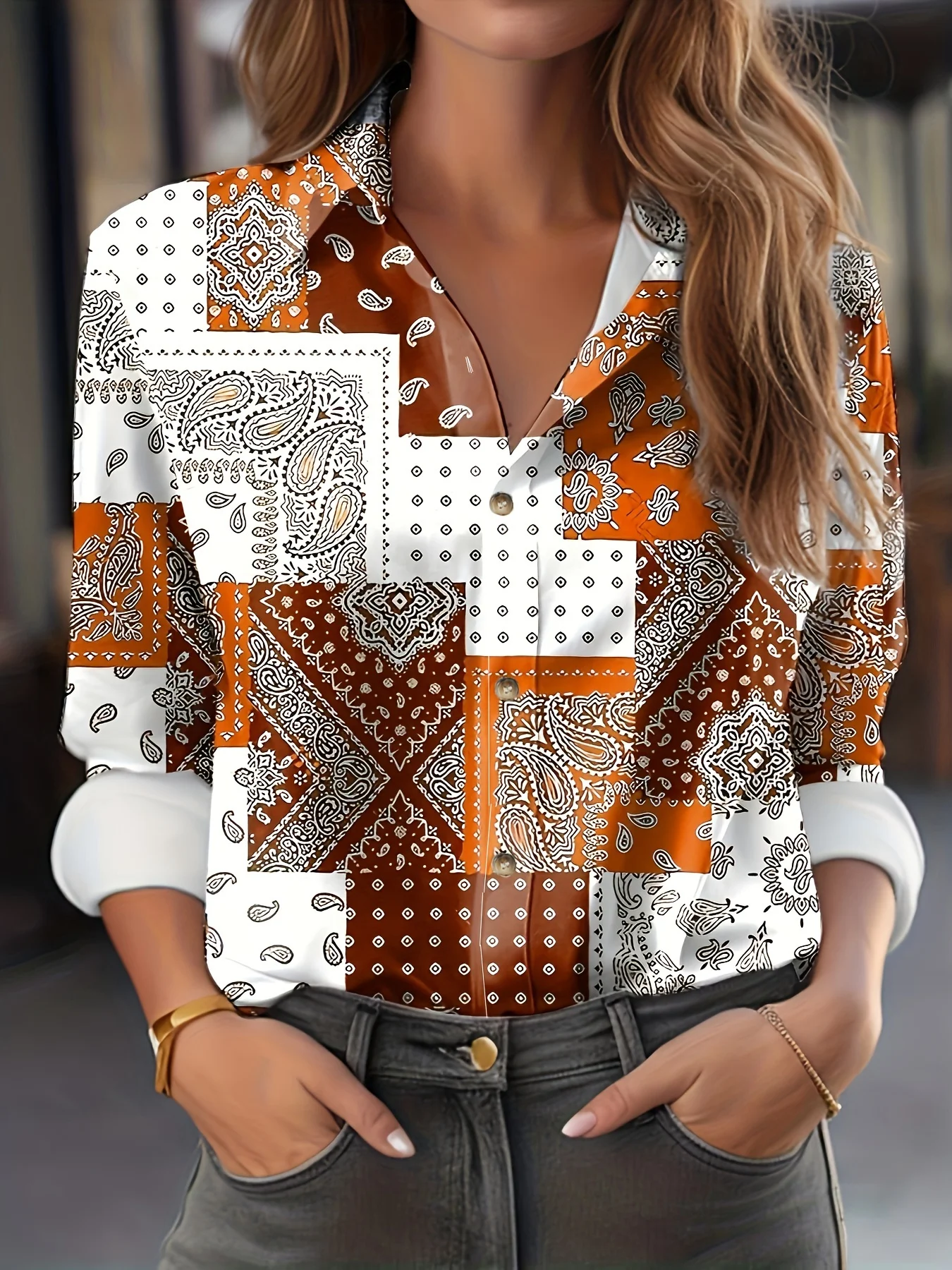 Plus Size Boho Blouse, Women\'s Plus Scarf Print Button Up Long Sleeve Turn Down Collar Blouse