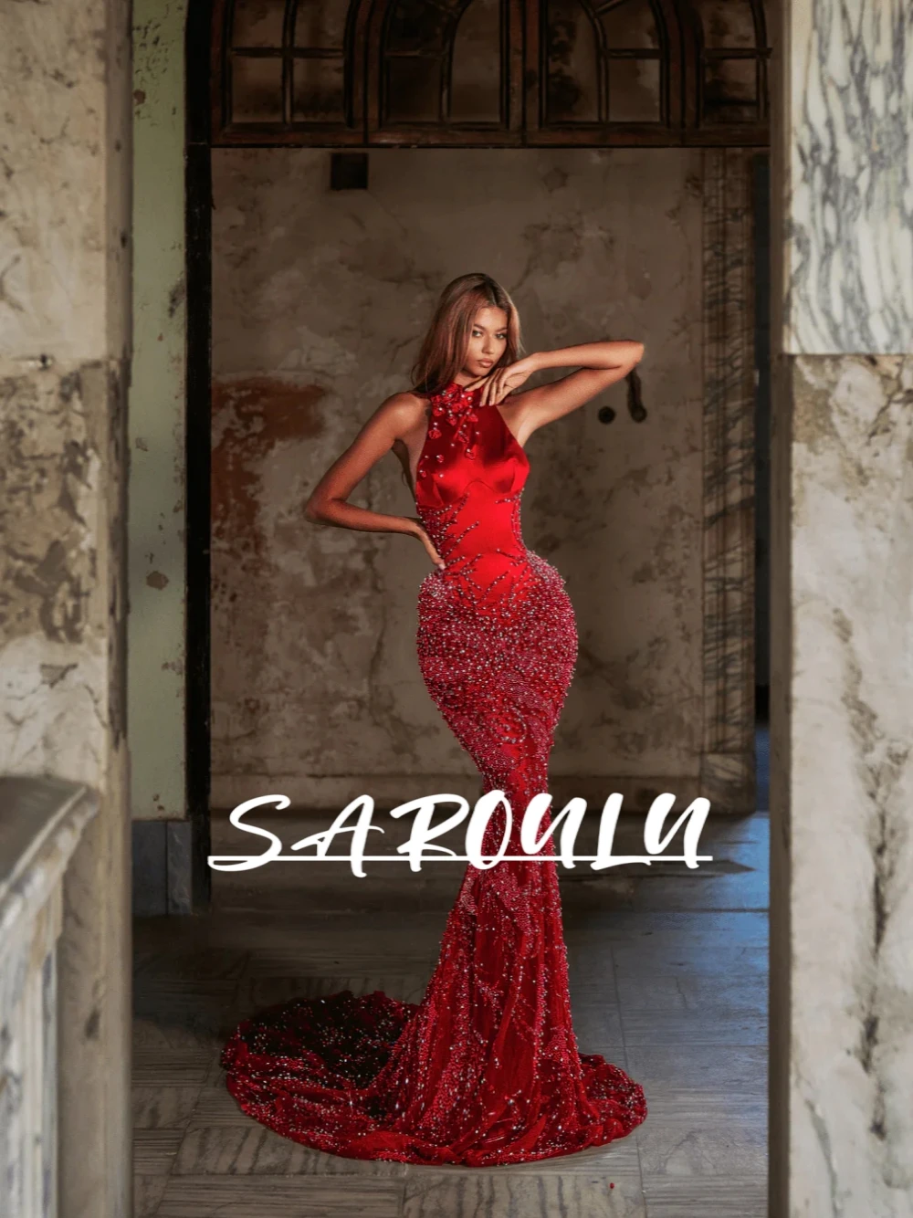 

Red Glamorous Mermaid Pearls Evening Dress Customized Sexy Halter Lively Flowers Bodycon Fit Cocktail Fairy Long Prom Gown