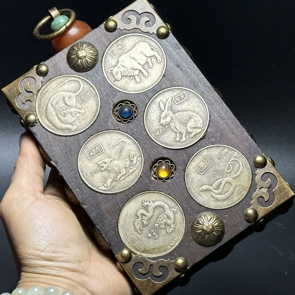 Antique Wooden Inlay Carving Set Featuring The Twelve Zodiac Animals and The Eight Treasures: Decorative Ornaments and Pendants